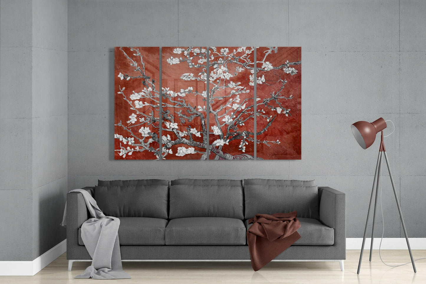 Terracotta Red Sakura Blossom Branches 4 Pieces Mega Glass Wall Art