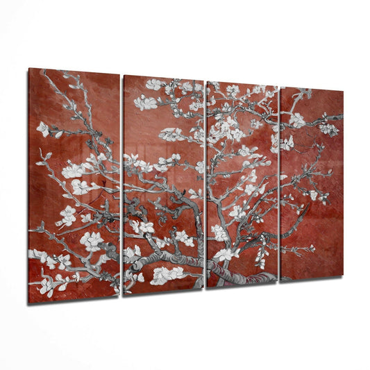 Four-panel glass wall art displaying white cherry blossom branches on terracotta red background, angled display view.