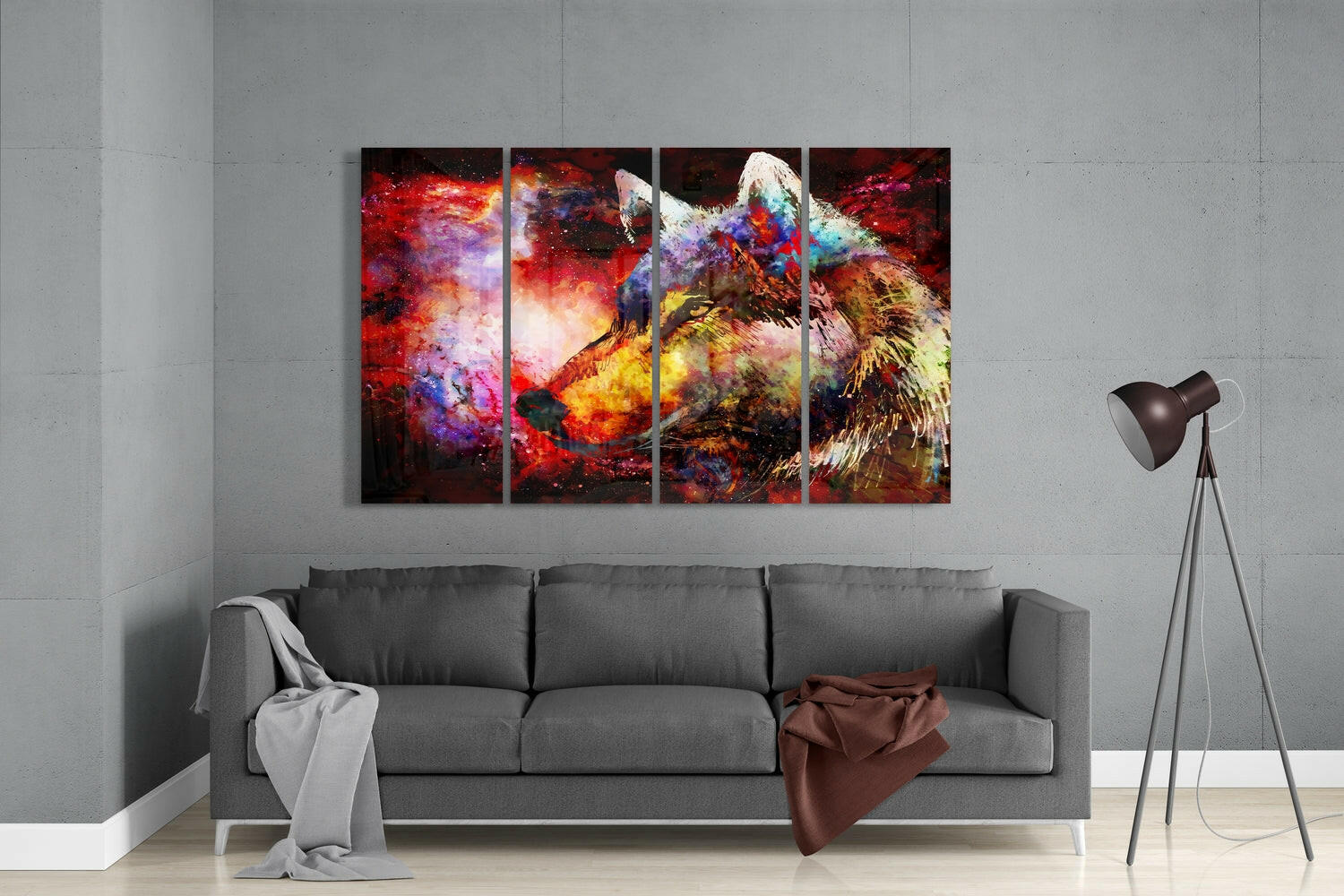 Four-panel colorful glass wall art depicting an eagle with vibrant red, purple, and yellow abstract effects above gray sofa in modern living room.