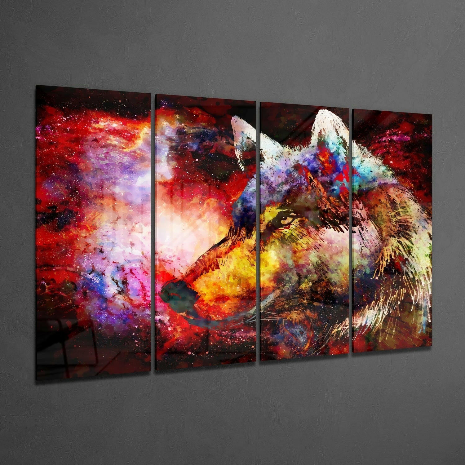 Four-panel glass wall art displaying a colorful wolf's head with vibrant red, purple, yellow, and blue cosmic splatter effects on gray wall.