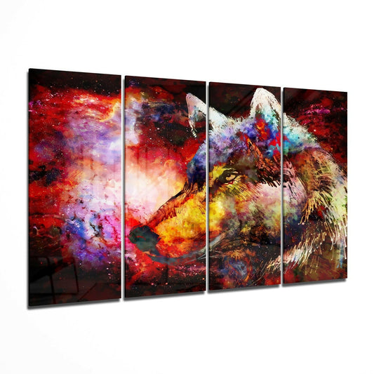 Four-panel glass wall art displaying an abstract wolf's head with vibrant red, orange, purple, and blue watercolor splashes against dark background.