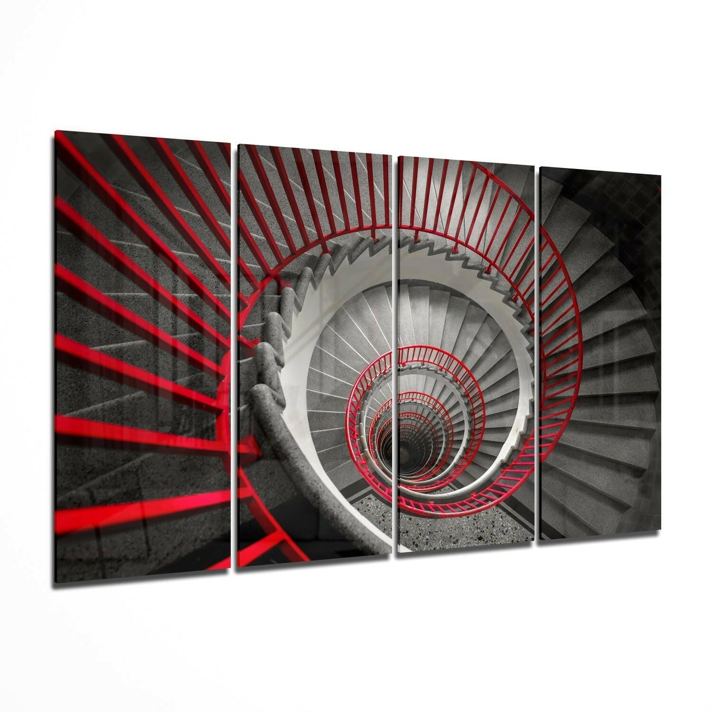 Overhead view of a spiraling staircase with red railings descending into depth against gray concrete steps.