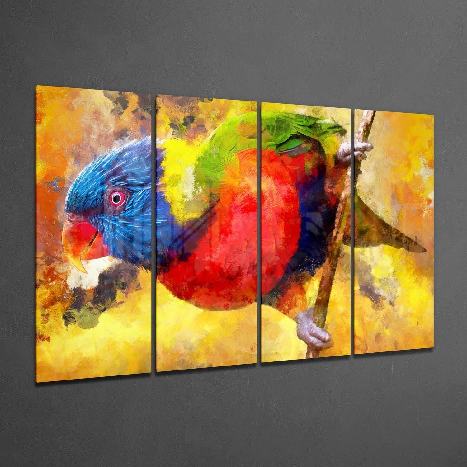 Four-panel glass wall art displaying a colorful rainbow lorikeet with blue head, red body, and yellow wing against warm watercolor background.