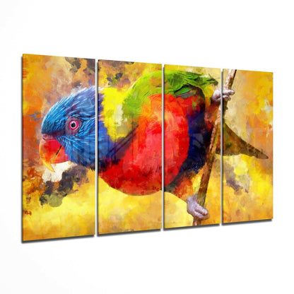 Four-panel glass wall art displaying a colorful parrot with blue head, red breast, and yellow-green plumage against warm golden background tones.