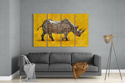 Walking Rhino on Golden Yellow 4 Pieces Mega Glass Wall Art