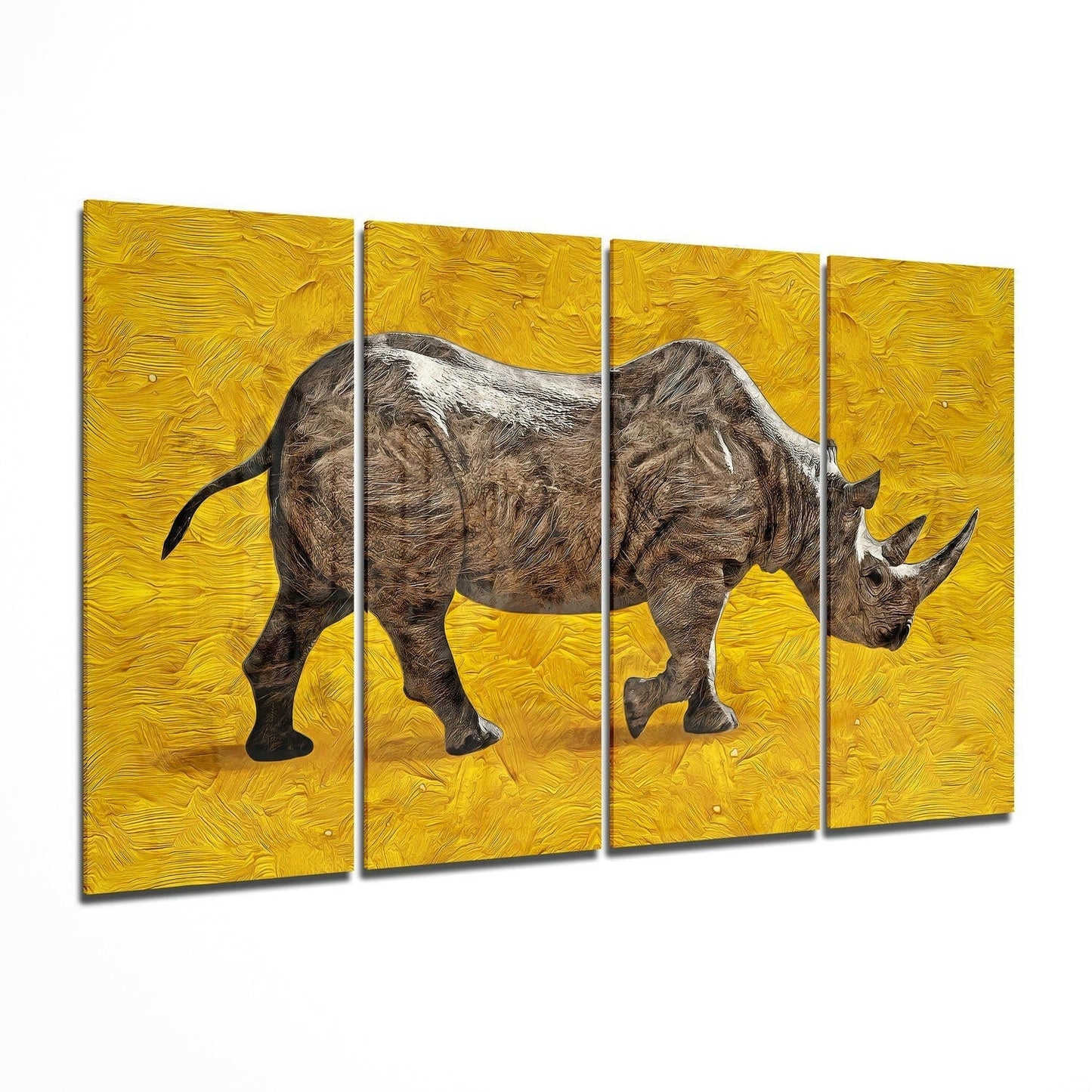 Walking Rhino on Golden Yellow 4 Pieces Mega Glass Wall Art