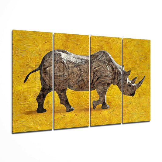 Four-panel glass wall art displaying a brown rhinoceros in profile against a vibrant yellow textured background.