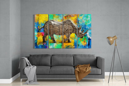 Rhino on Multicolor Paint Strokes 4 Pieces Mega Glass Wall Art
