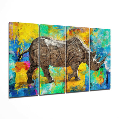 Rhino on Multicolor Paint Strokes 4 Pieces Mega Glass Wall Art