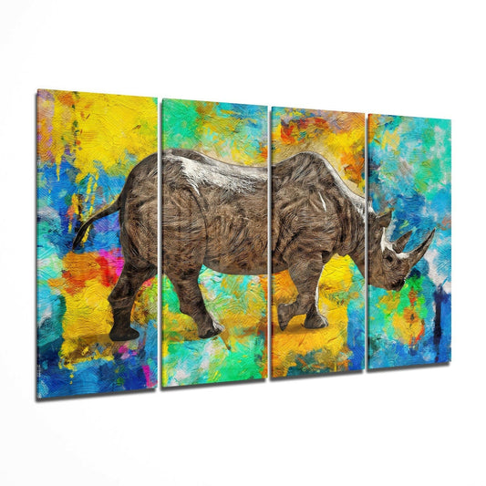 Four-panel glass wall art displaying a detailed rhinoceros against vibrant multicolored abstract paint strokes in yellow, blue, green, and orange.