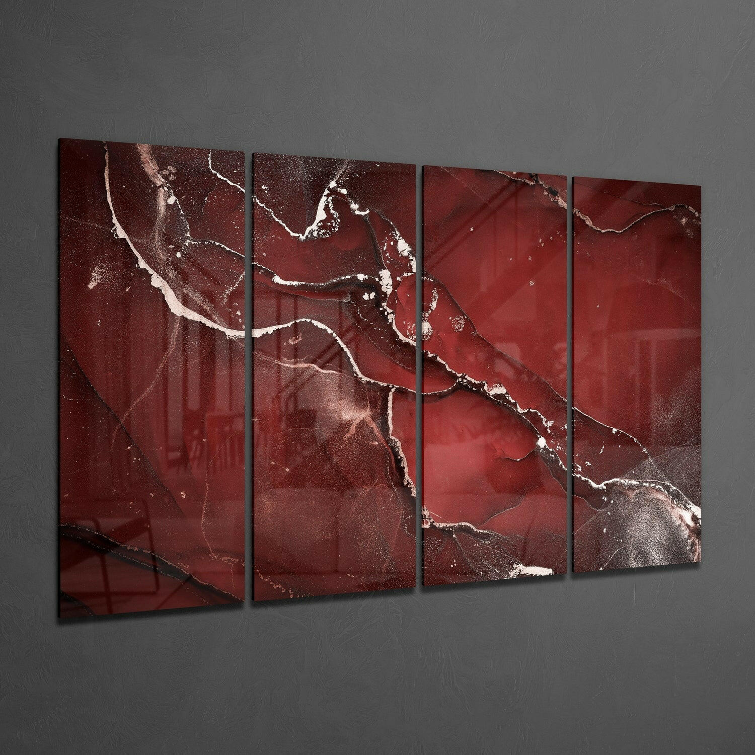 Four-panel glass wall art displaying deep red and burgundy tones with white cracked vein patterns, mounted horizontally on gray wall.
