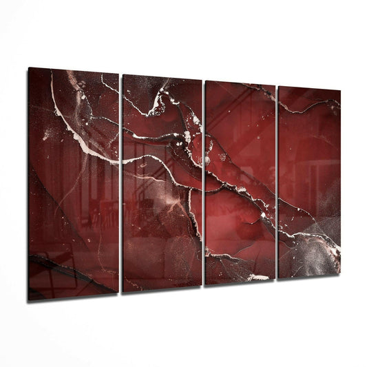 Four-panel glass wall art displaying deep red background with white and silver crackle patterns in angular formation.