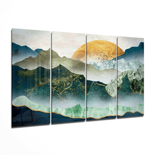Four-panel glass wall art displaying layered mountains in teal and green with a golden sun and gold-outlined peaks against a misty landscape.