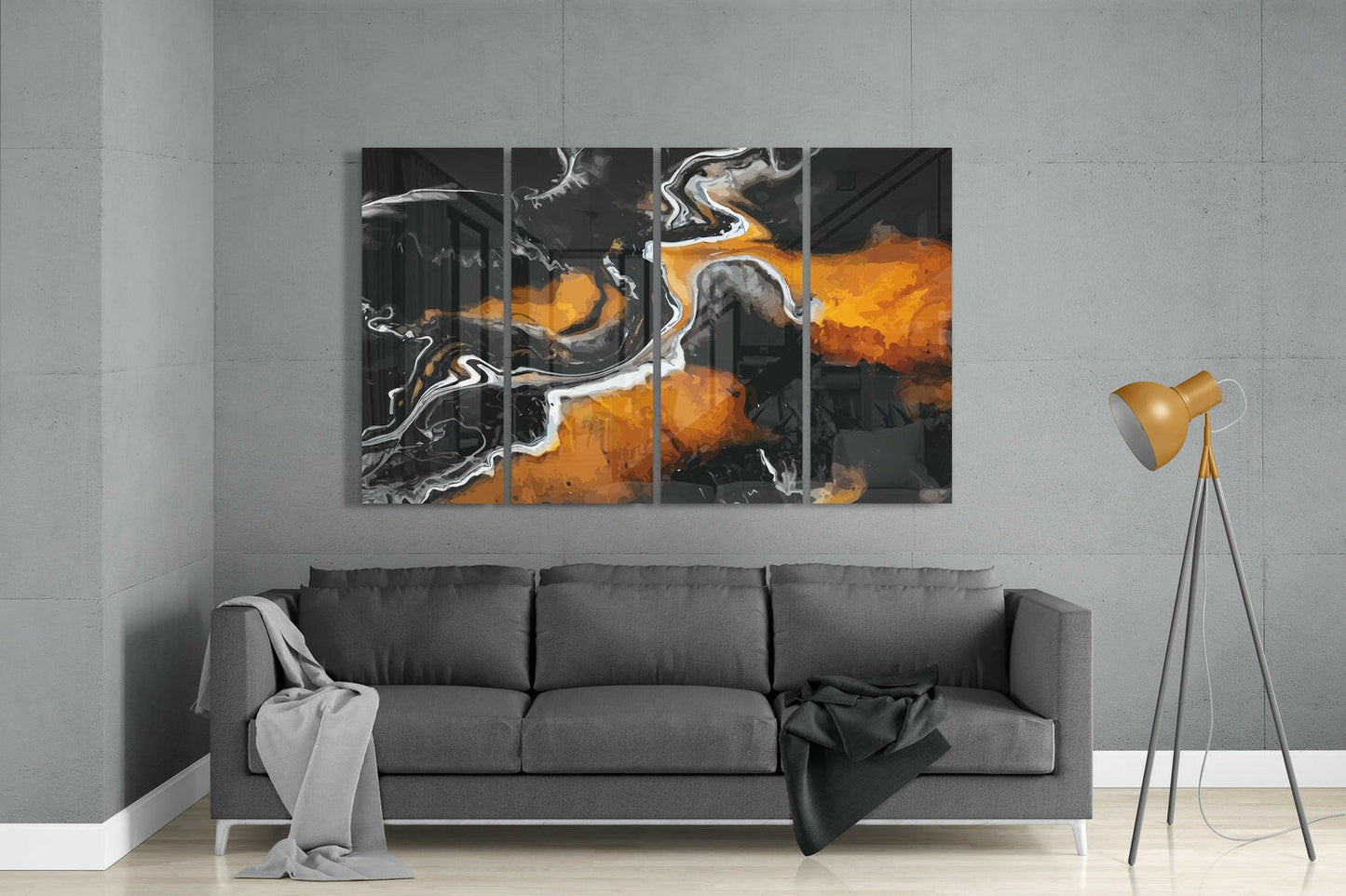 Molten Orange Lava Charcoal Flow 4 Pieces Mega Glass Wall Art