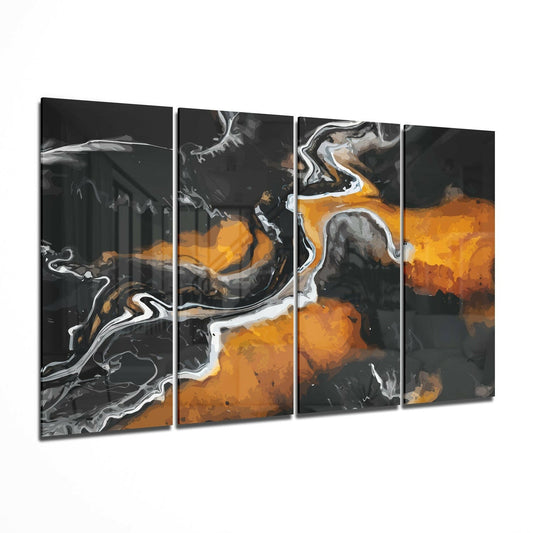 Four glass panels displaying abstract swirling patterns in black, white, orange, and gray tones arranged in a row.