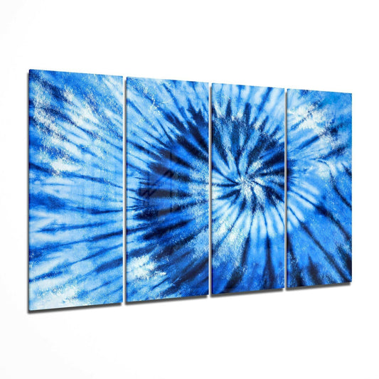 Four blue glass panels displaying radiating tie-dye spiral patterns in white and dark blue tones.