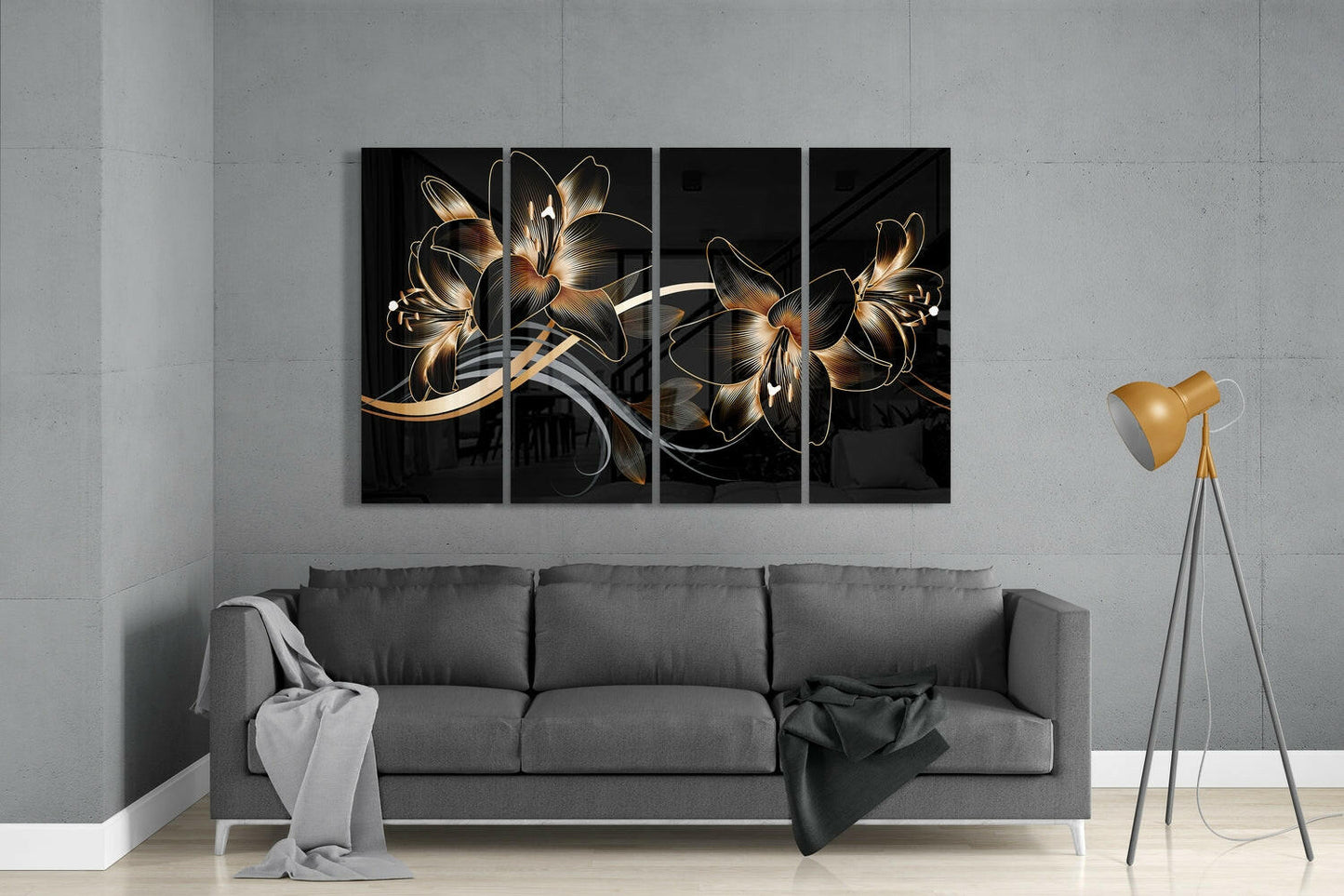 Modern living room interior with four-panel glass wall art featuring gold and black floral design above gray sofa.
