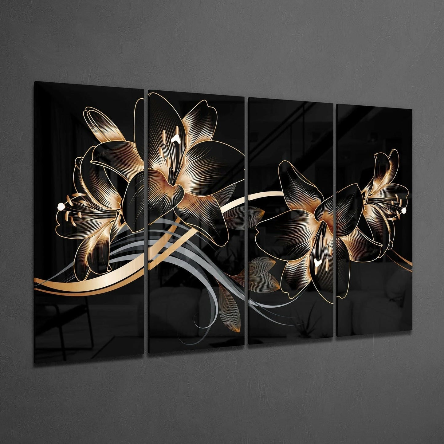 Four-panel glass wall art displaying black and gold flowers with flowing ribbon design against dark background.