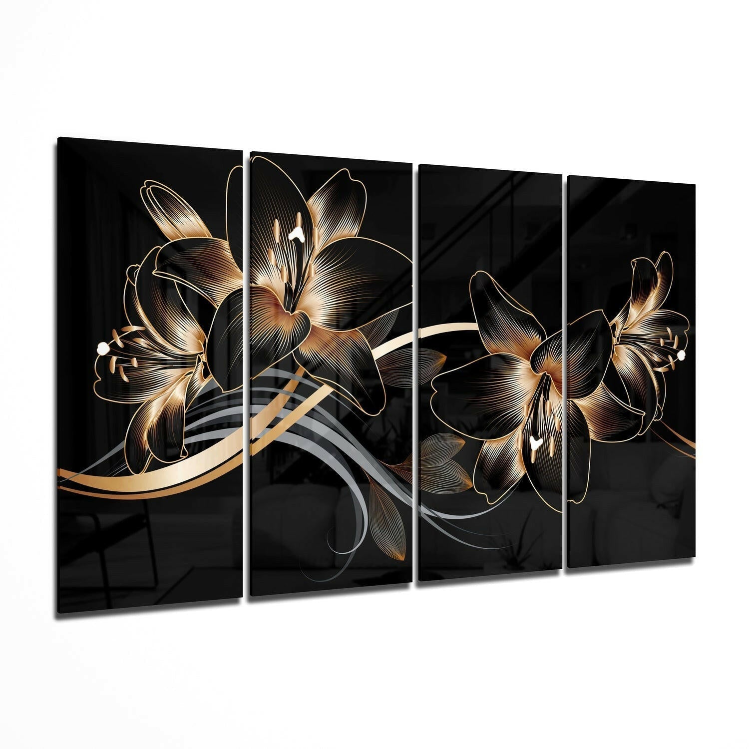 Four-panel glass wall art displaying golden and black flowers with flowing ribbons against a black background, angled perspective view.