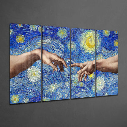 Four-panel glass wall art featuring two hands nearly touching against a swirling blue and yellow starry night background.