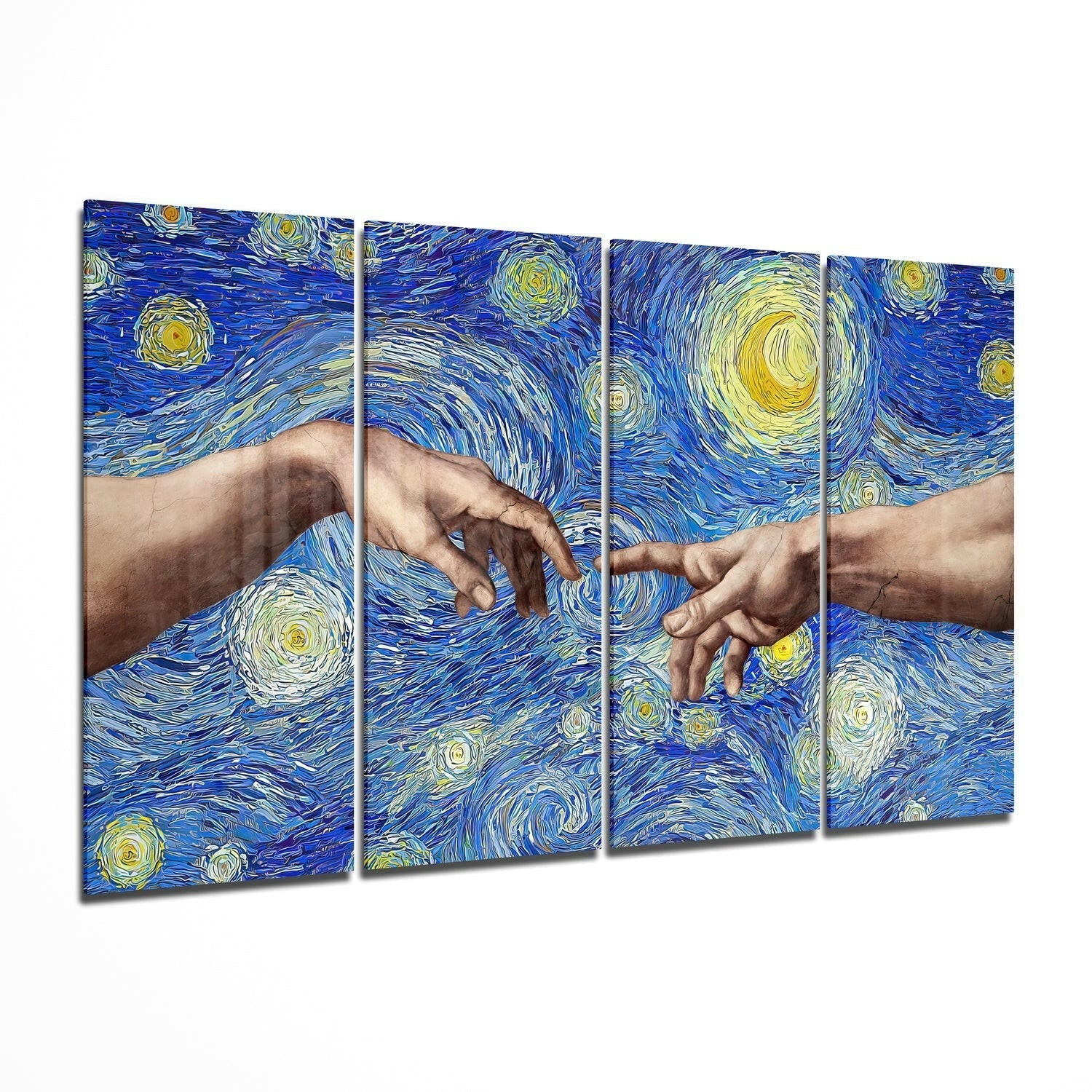 Four-panel glass wall art displaying two hands nearly touching against a swirling blue and yellow starry night background.