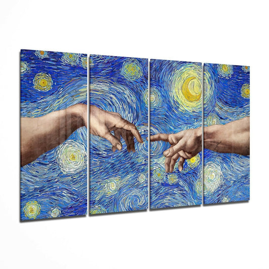 Four-panel glass wall art displaying two hands nearly touching against a swirling blue and yellow starry night background.