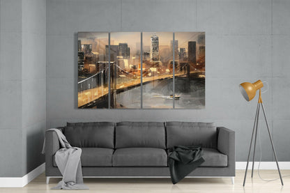 Four-panel glass wall art depicting a golden-hour cityscape with bridge and skyscrapers, displayed above a gray sofa in a modern living room.