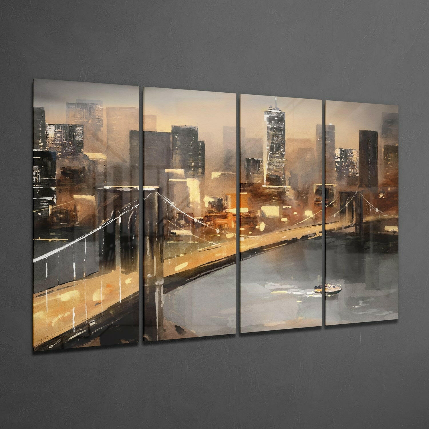 Four-panel glass wall art depicting a golden-toned cityscape with skyscrapers, a suspension bridge, and waterfront viewed from a rooftop perspective.