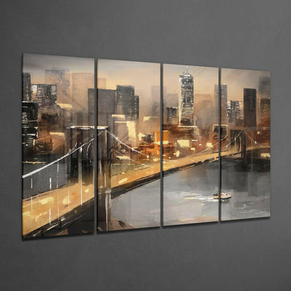 Four-panel glass wall art depicting a golden-toned cityscape with skyscrapers, a suspension bridge, and waterfront viewed from a rooftop perspective.