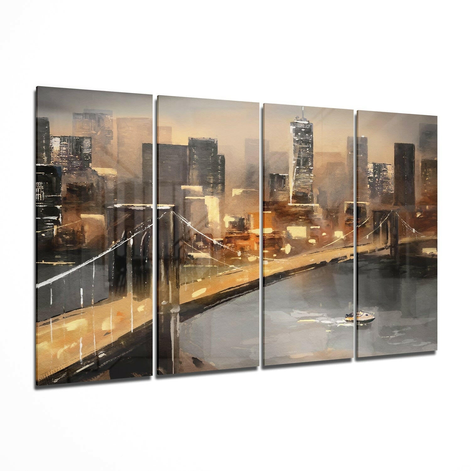 Four-panel glass wall art depicting a misty Manhattan skyline at golden hour with a bridge railing in foreground.
