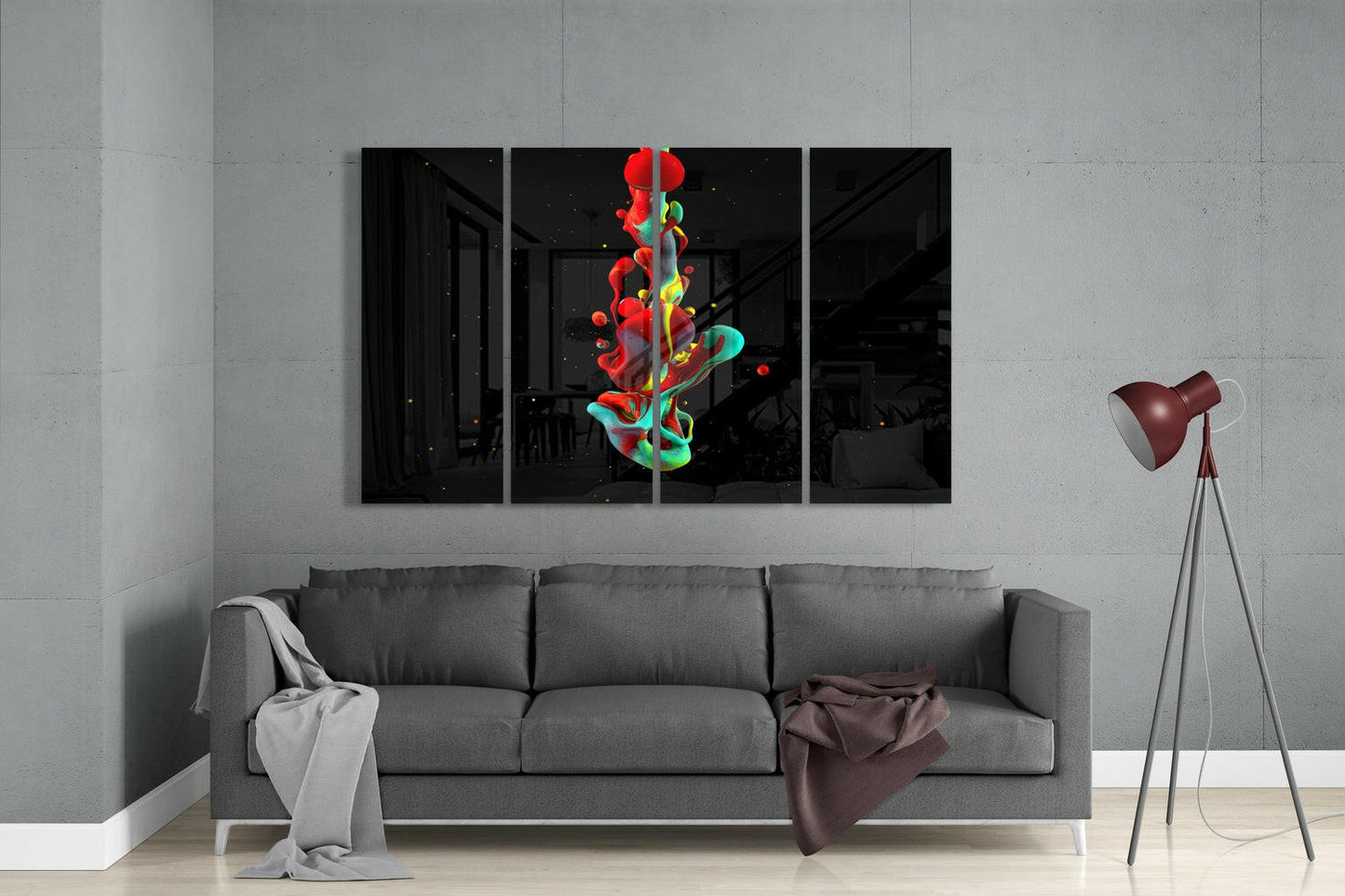 Modern living room with gray sofa displaying four-panel glass wall art featuring colorful abstract guitar design above.