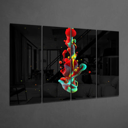Four-panel glass wall art displaying a vibrant red and turquoise abstract violin sculpture against a black background with floating particles.