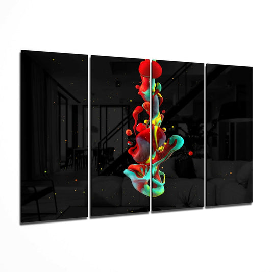 Four-panel glass wall art displaying a colorful abstract red, green, and yellow sculptural form against a black interior background.