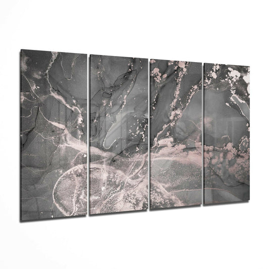 Four-panel gray and blush pink marble glass wall art displayed at an angle, showing abstract veining and swirled patterns throughout.