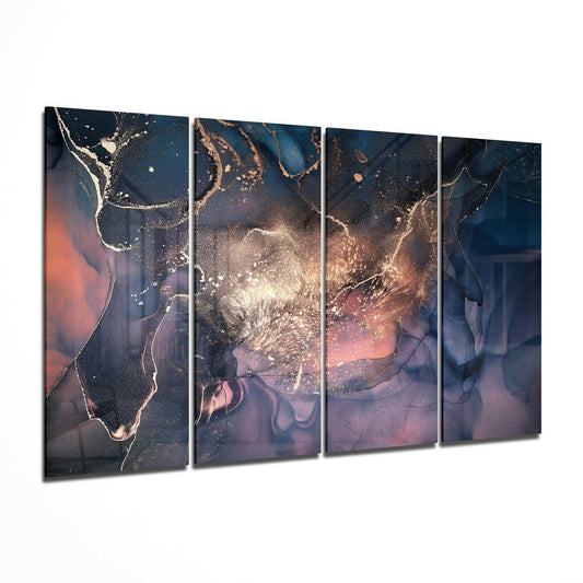 Four-panel navy, blush, and gold marble glass wall art displaying swirling abstract patterns with metallic accents.