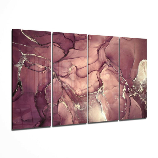 Four-panel glass wall art featuring rose mauve and blush tones with gold vein accents in abstract marble pattern.
