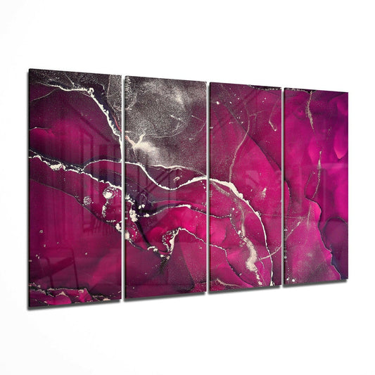 Four-panel magenta and silver abstract glass wall art with white veining and splatter effects, displayed at an angle showing depth and dimension.