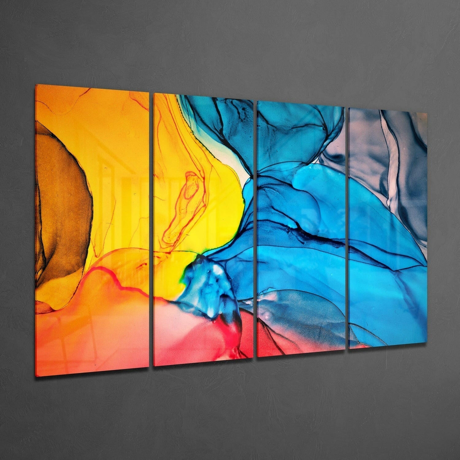Four-panel glass wall art displaying vibrant swirling abstract designs in orange, yellow, blue, and red colors against gray wall.