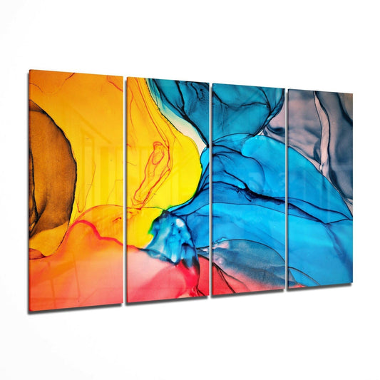 Four glass panels displaying swirling abstract ink in orange, yellow, blue, and red tones creating fluid, organic patterns.