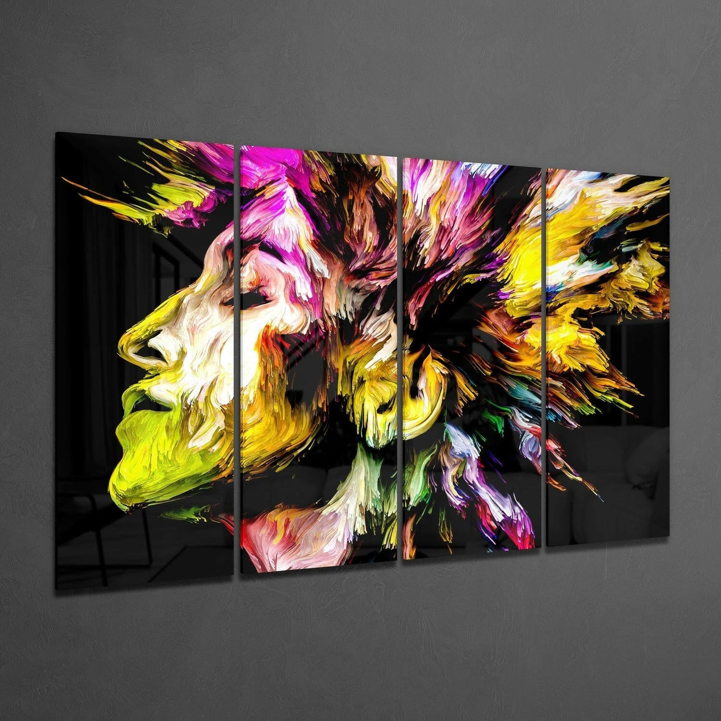 Yellow Pink Paint Burst Facing Left 4 Pieces Mega Glass Wall Art