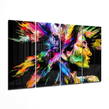 Blue Purple Paint Splash Woman Profile 4 Pieces Mega Glass Wall Art