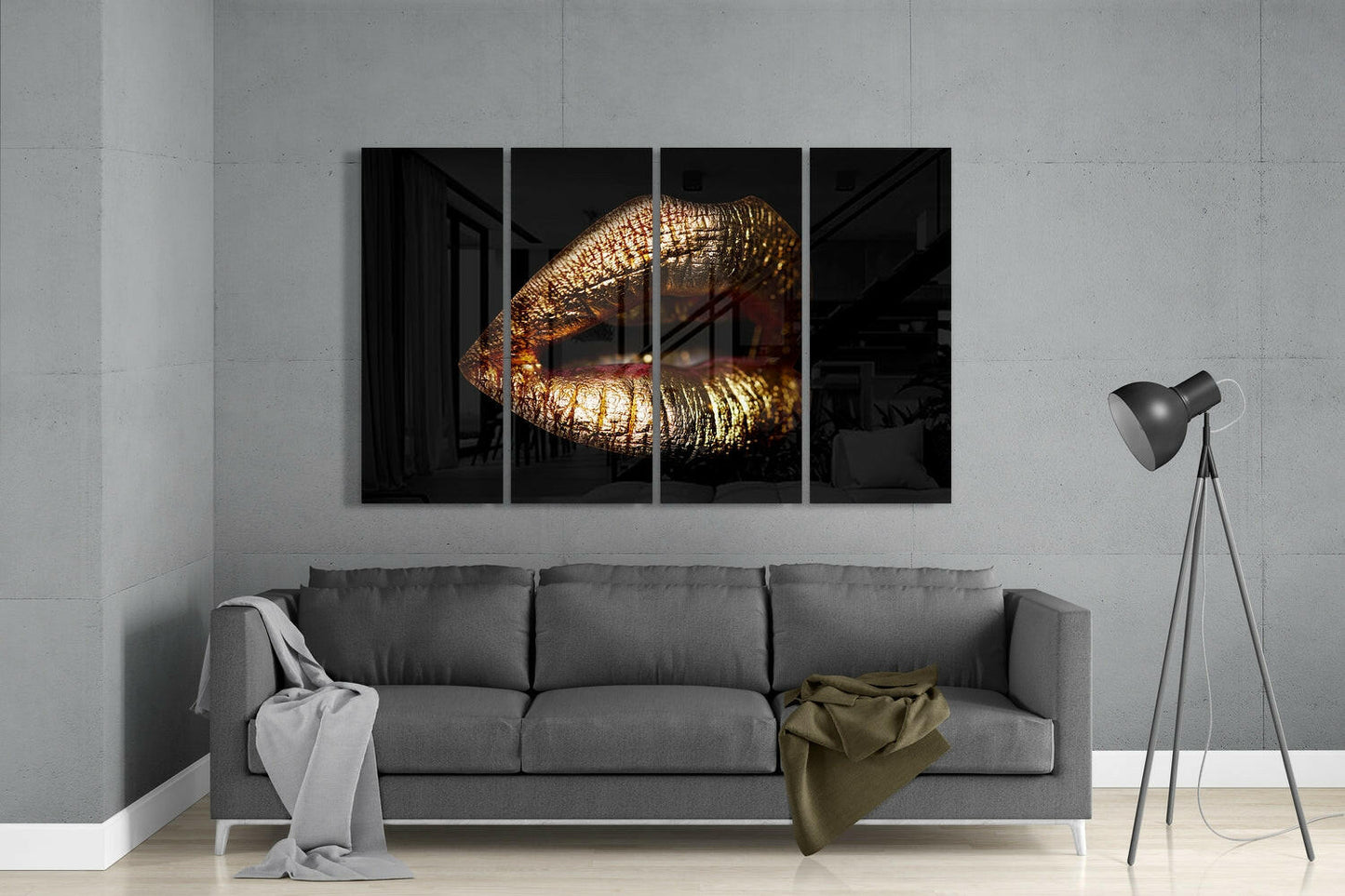 Golden Metallic Lips on Black 4 Pieces Mega Glass Wall Art