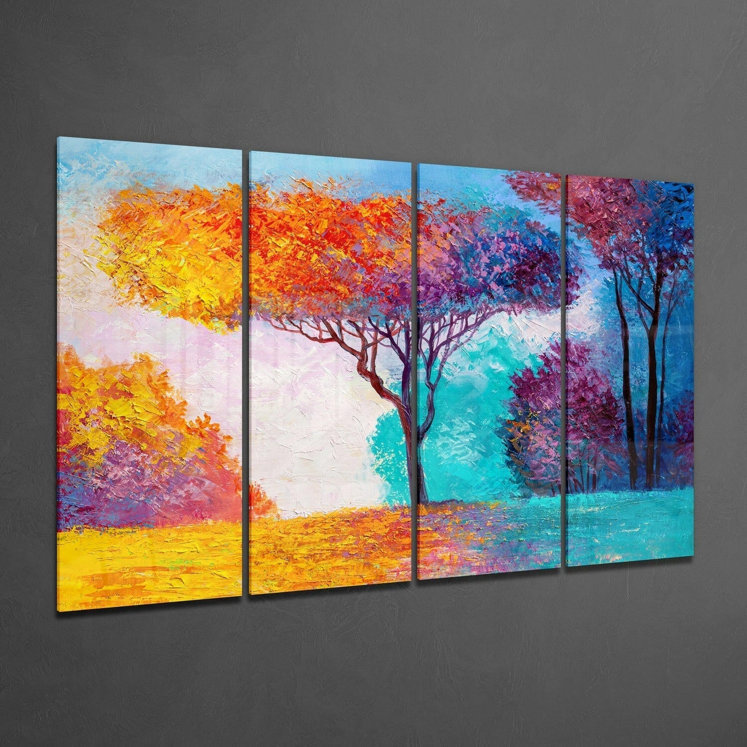 Four-panel glass wall art displaying a colorful tree with vibrant yellow, orange, pink, and blue foliage against turquoise water and sky, mounted on gray wall.