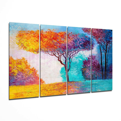 Four-panel glass wall art displaying a colorful tree with vibrant yellow, orange, and purple foliage against a turquoise water landscape and blue sky.