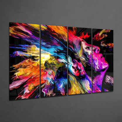 Fiery Red Paint Burst Woman Profile 4 Pieces Mega Glass Wall Art
