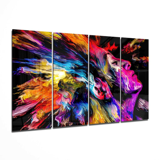Four-panel glass wall art displaying vibrant abstract swirls in red, purple, blue, yellow, and orange tones against black backgrounds, arranged in a perspective view.