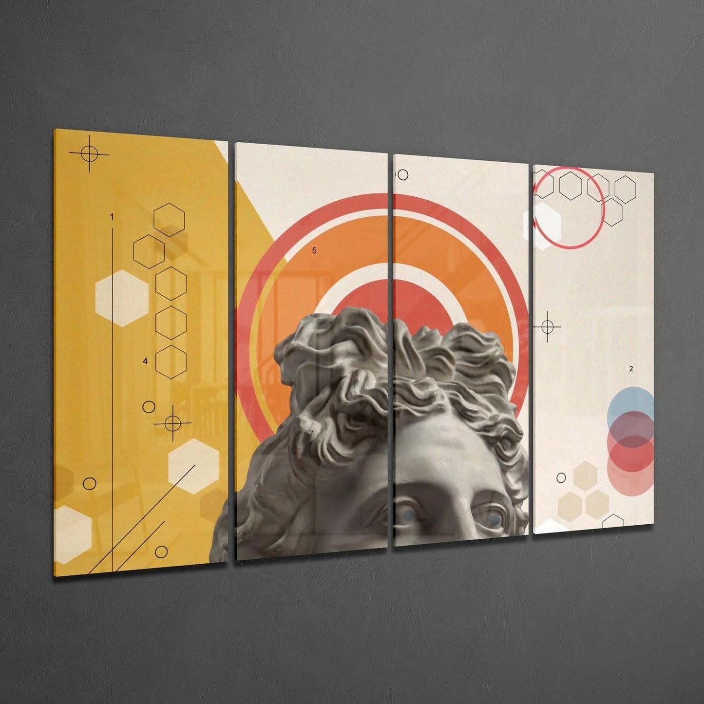 Four-panel glass wall art displaying classical bust with concentric circles, geometric hexagons, and overlapping circles in gold, orange, and cream tones.