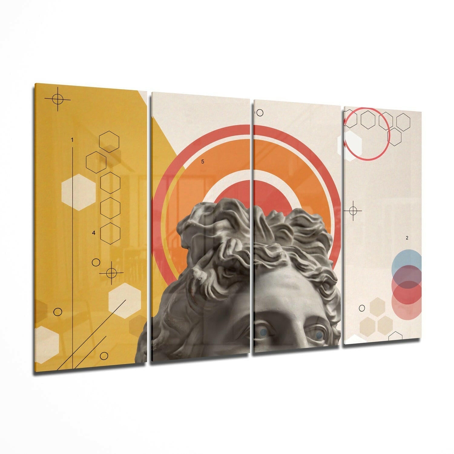 Four-panel glass wall art featuring a classical statue head with concentric circular halos in orange and red, flanked by geometric hexagon patterns on mustard yellow and cream backgrounds.