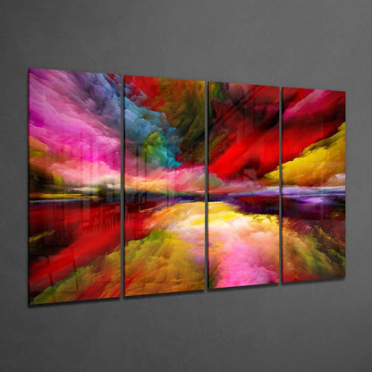 Four-panel glass wall art displaying vibrant abstract clouds in pink, red, yellow, and blue hues against gray wall.