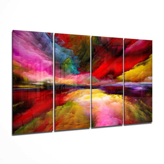 Four-panel glass wall art displaying vibrant swirling clouds in magenta, red, yellow, and blue tones over a reflective landscape.